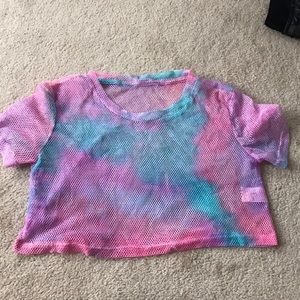 Tie-dye fishnet cropped rave/festival shirt